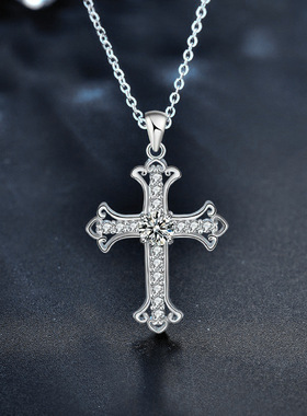 S925纯银莫桑石钻项链饰品十字架吊坠简约百搭毛衣链镶钻锁骨颈链
