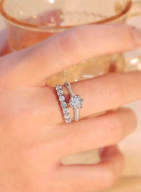 S925纯银莫桑石钻戒女七公主风琴排戒闭口戒指高级感满镶尾戒指环