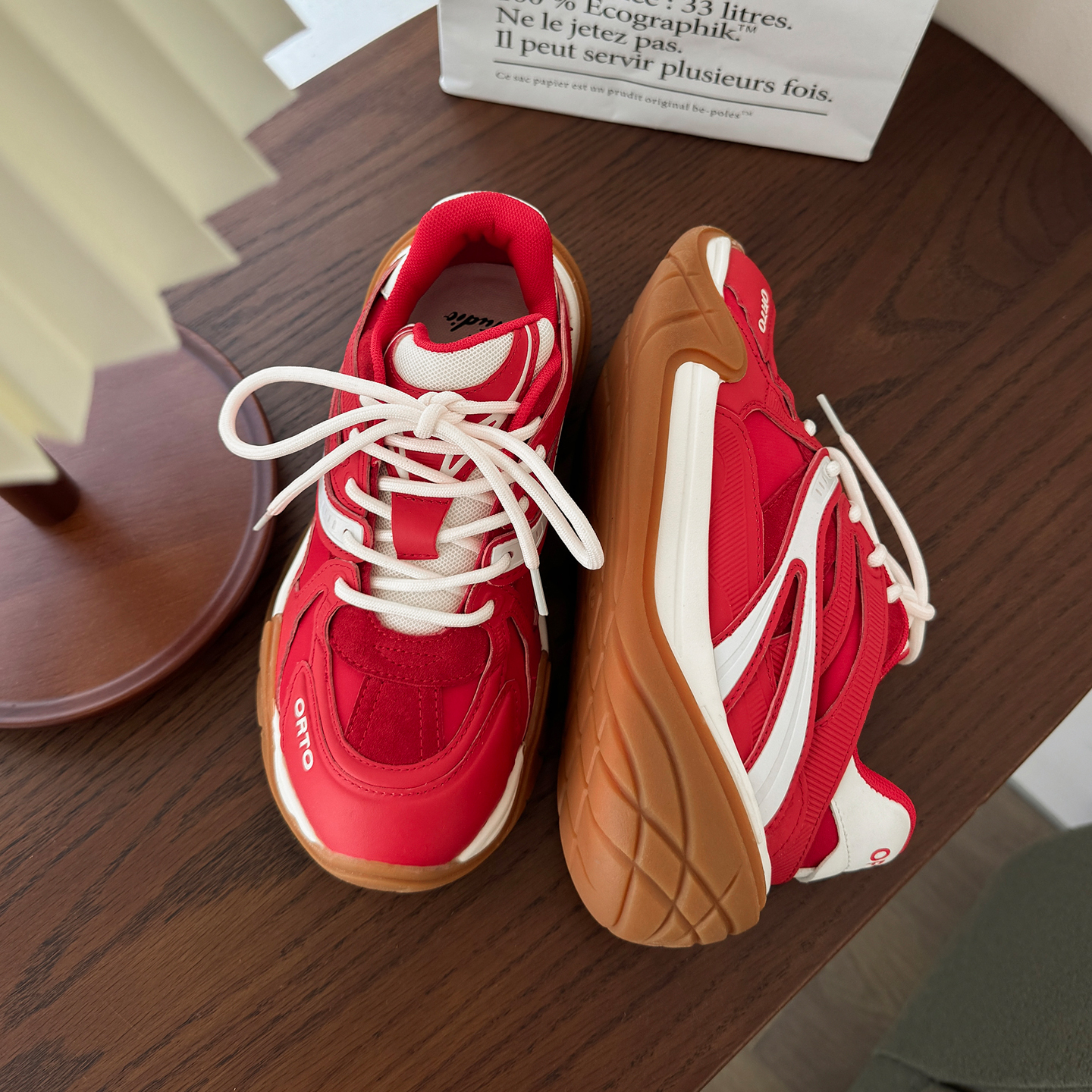 两点浪漫明星同款2025新款小众厚底增高运动休闲老爹鞋红色德训鞋 - 图2