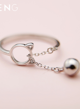 猫咪铃铛戒指烽之银纯银可爱女