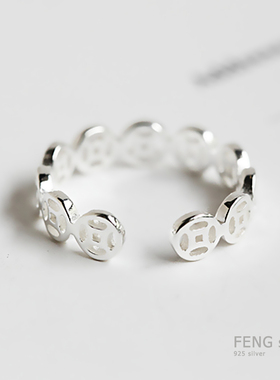 复古风钱币招财可调节刻字银指环