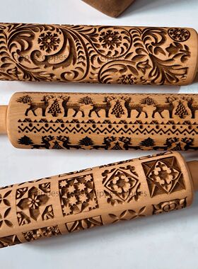 Christmas Rolling Pin with Reindeer Flower Patterns, Wooden