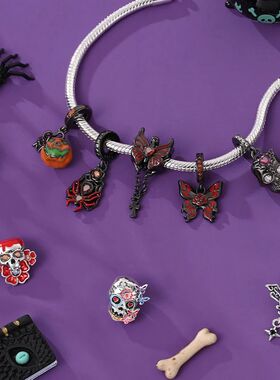 New Halloween Charms Beads 925 Silver Red Rose Black Butterf