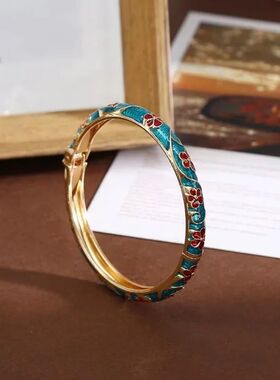 Colorful Enamel Floral Bangle Bracelet Retro Gold-Tone Open