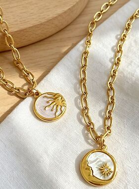 Women's Stainless Steel Sun And Moon Pendant Necklace with L