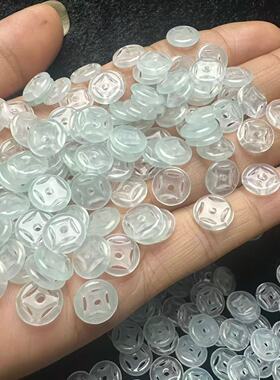 高冰翡翠色冰晴金钱扣冰种散珠子玉石diy编织玉饰品手串项链材料