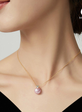 陌上猫原创单颗大珍珠吊坠项链紫色毛衣链女纯银锁骨链颈链送礼品