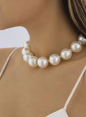 IngeSight.Z Luxury Large Pearls Rhinestone Ball Choker Neckl