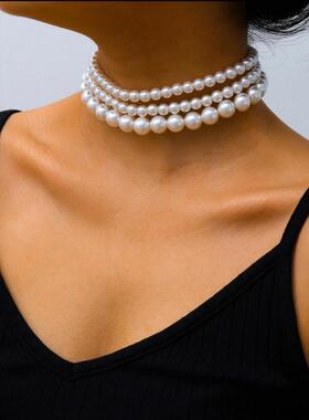 Multi-Layer White Imitation Pearl Necklace Bead  Chain Punk