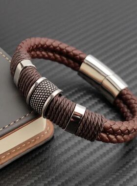 Luxury Vintage Multilayer Brown Leather Stainless Steel  Men