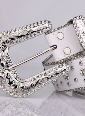 Punk Rhinestone White Belt female male fashion western jeans