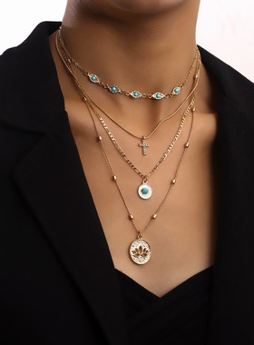 Small Hole Chain Hollow Flower Diamond Cross Pendant Necklac