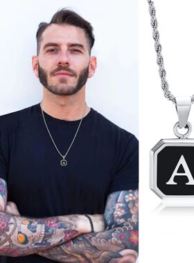 Initials Necklaces for Men Women,A-Z 26 Letters Black Square