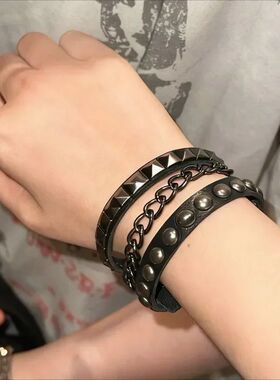Punk Y2k Layered Bracelet Leather Band Metal Rivets and Cha