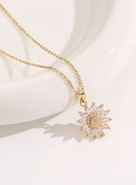 Dainty Stainless Steel Necklace Plated Zircon Daisy Sunflowe
