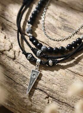 Vnox Metal Triangle Pendant Black Onyx Beaded Layered Leathe