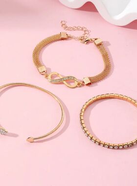 Vintage Infinity Heart Crystal Rhinestone Bracelet Set for W