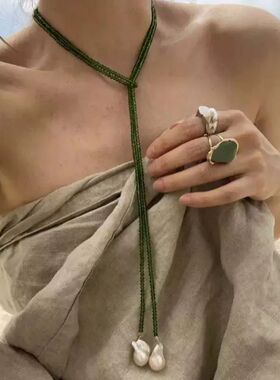 Vintage Green Crystal Pearl Pendant Necklace for Women Fashi