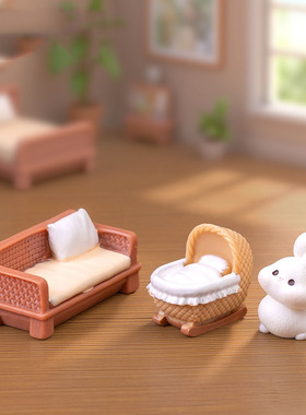 微景观创意藤编家具电视柜沙发娃娃屋 DIY装饰品迷你树脂小摆件
