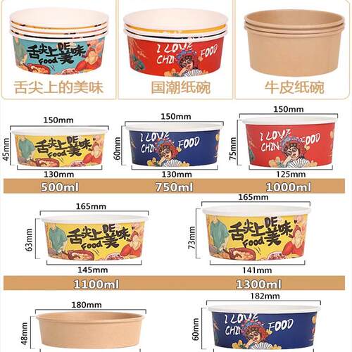 一次性国潮牛皮纸碗轻食水果切打包盒凉皮餐盒卤肉炒饭圆形便当盒 - 图0