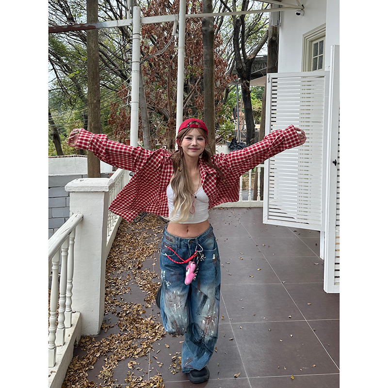 美式复古红色格子衬衫情侣宽松衬衣女长袖开衫防晒衫上衣女t外套 - 图0