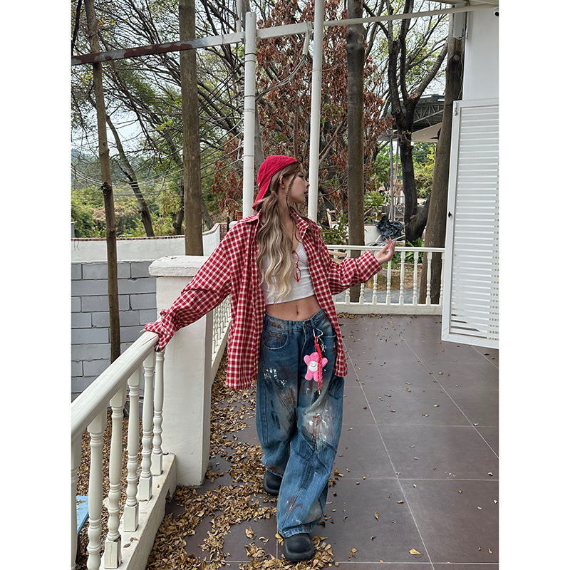 美式复古红色格子衬衫情侣宽松衬衣女长袖开衫防晒衫上衣女t外套 - 图2