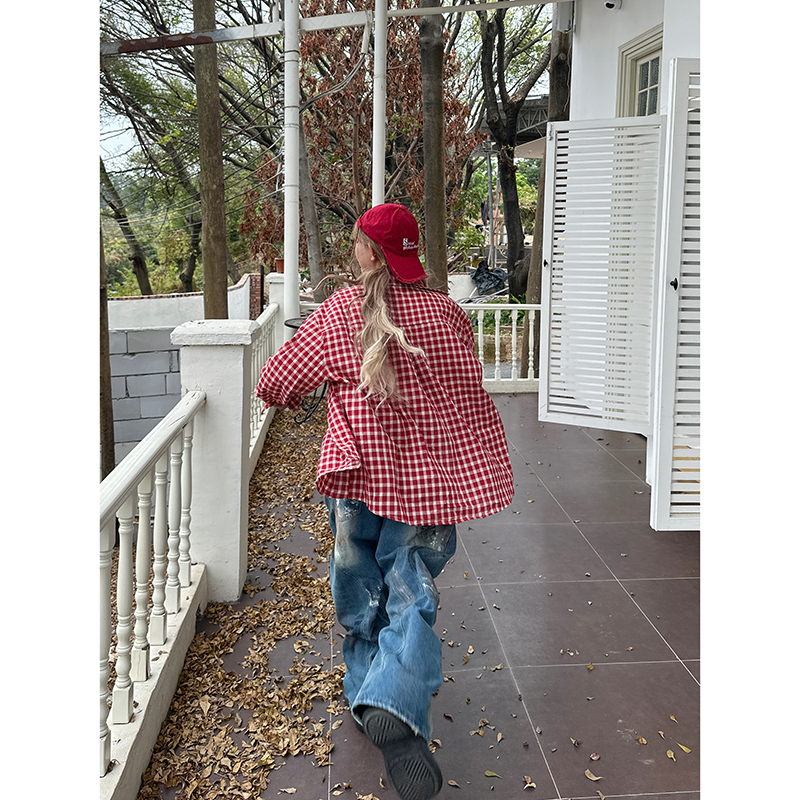美式复古红色格子衬衫情侣宽松衬衣女长袖开衫防晒衫上衣女t外套 - 图1