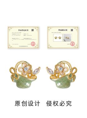 原创森系花篮手工彩绘珐琅滴釉s镀银针微镶锆石耳钉田园风耳饰女