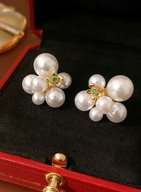 s925银针法式甜美花朵百搭耳钉女大小珍珠优雅时尚气质高级感耳饰