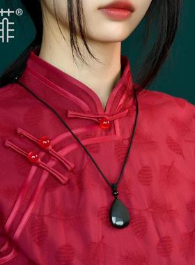 黑曜石吊坠正品彩虹眼黑耀石水滴形黑色饰品挂坠挂件项链男女