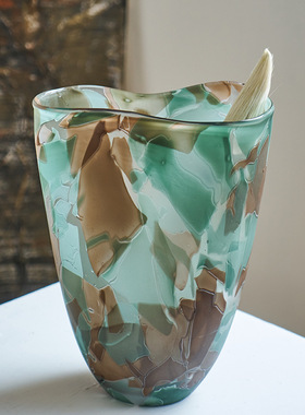 北欧风彩色渐变花纹敞口花盆创意居家果盘台面样板房装饰玻璃花瓶