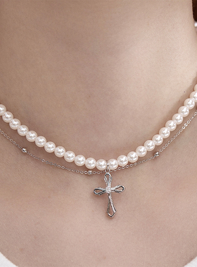 SUM汽泡·珍珠双层十字架项链·原创设计款精致百搭设计单品