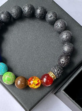 跨境新款熔岩方块火山石编织手链男哑光黑玻璃珠子可调节手环手串