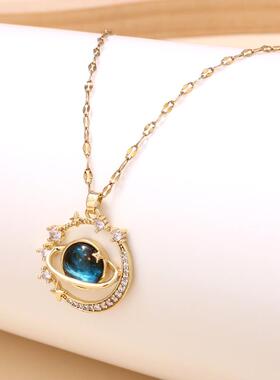 跨境蓝色星球项链饰品女简约高级感时尚钛钢锁骨链不掉色颈链