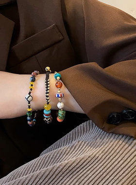 民族风藏式吉象手链女情侣闺蜜新中式复古天然石编织手绳古着手饰