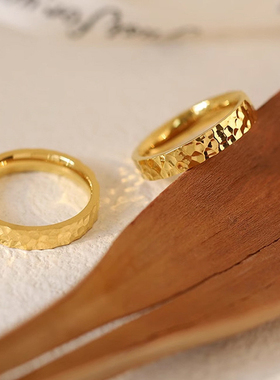 1000SE欧美水波纹手工捶纹肌理设计女士窄版时尚戒指钛钢