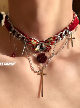 复古红色丝绒蝴蝶眼睛十字架项链小众设计感锁骨链choker辣妹颈链