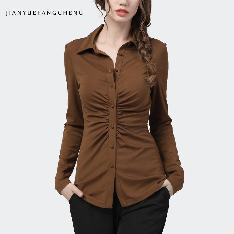 欧洲站设计感女长袖秋装polo领衬衫 简约方程女装衬衫