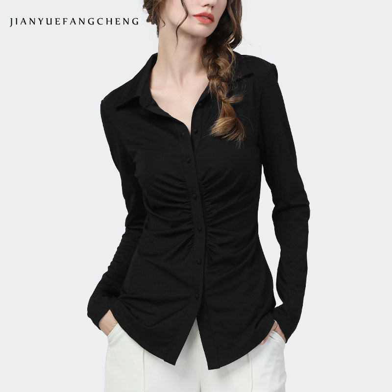 欧洲站设计感女长袖秋装polo领衬衫 简约方程女装衬衫