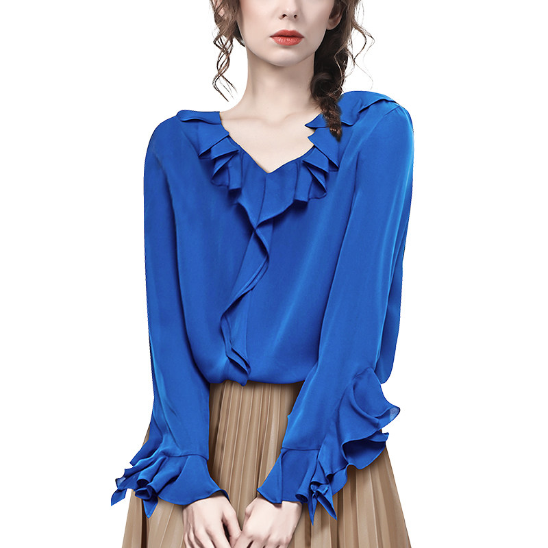 欧货2022春装宽松法式洋气长袖衬衫 简约方程女装蕾丝衫/雪纺衫