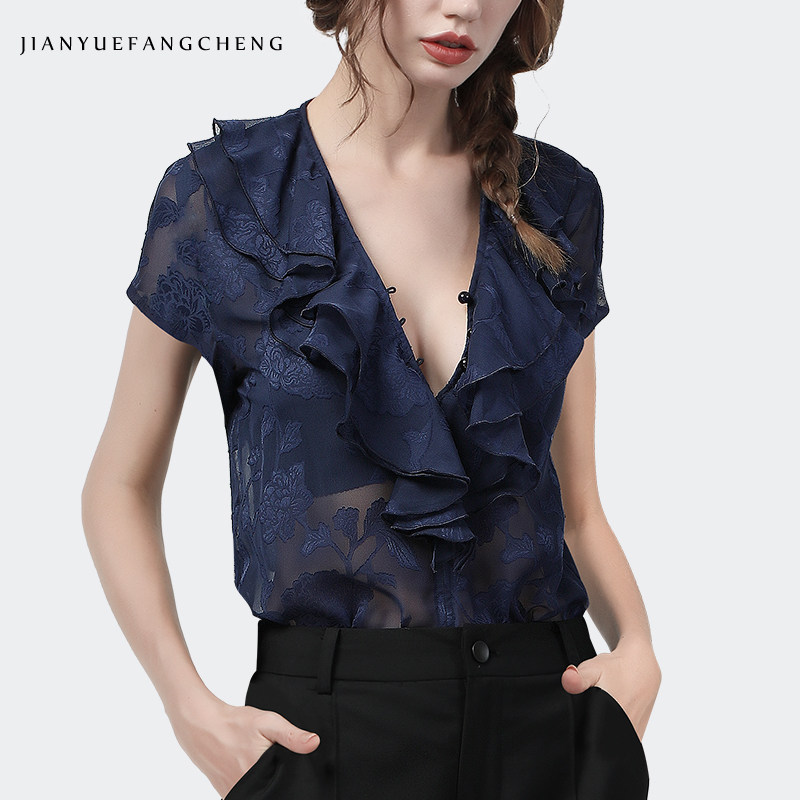 欧洲站长袖荷叶边雪纺衫v领秋衬衫 简约方程女装蕾丝衫/雪纺衫