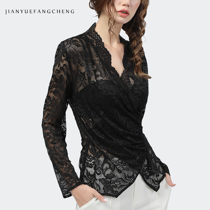 欧洲站收腰洋气设计感蕾丝衫女小衫 简约方程女装蕾丝衫/雪纺衫