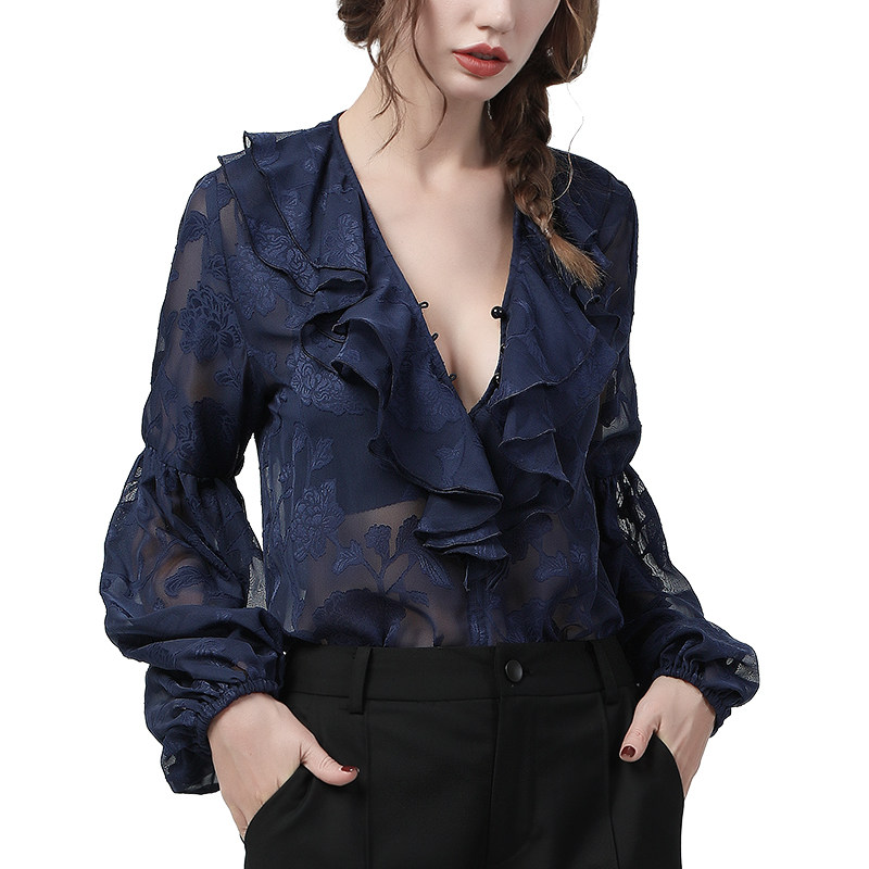 欧洲站长袖荷叶边雪纺衫v领秋衬衫 简约方程女装蕾丝衫/雪纺衫