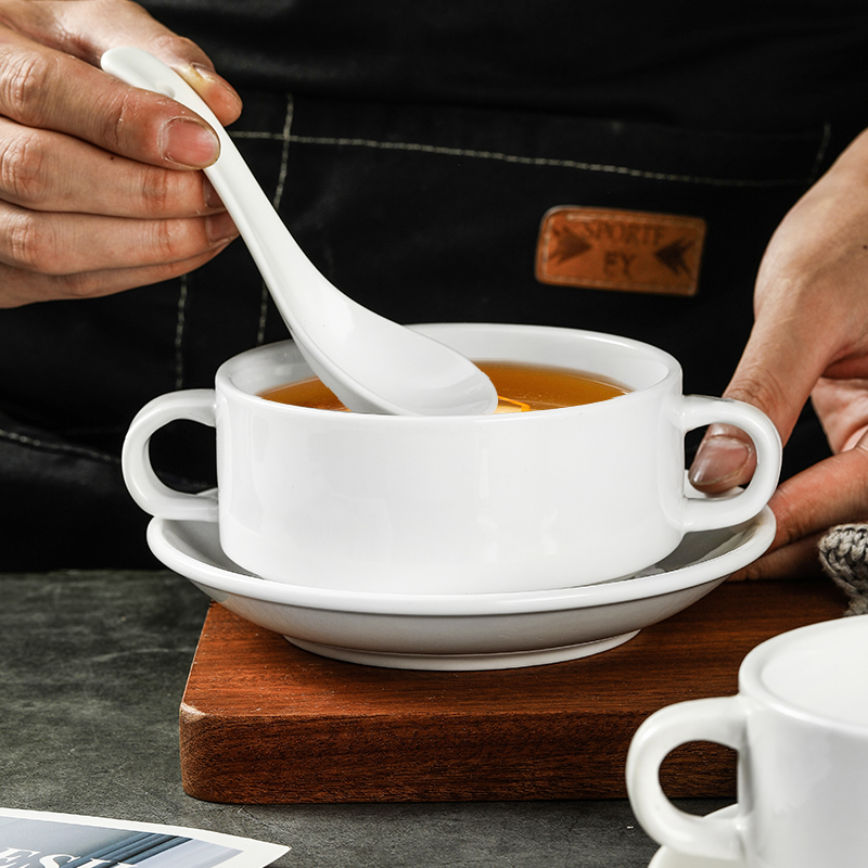 西式纯白双耳汤碗汤杯汤盅碗简约陶瓷餐具烘焙蒸蛋早餐粥碗甜品碗 - 图0