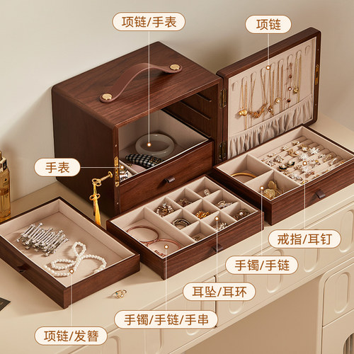 木质手提油画首饰盒精致带锁项链耳钉耳环大容量黄金手饰品收纳盒 - 图1