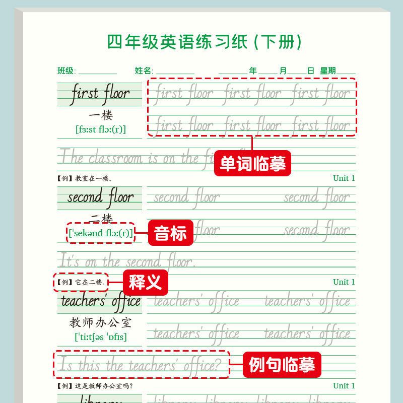 四年级英语字帖上册下册小学生人教版pep课本同步英文字母单词描红本专用三四五六年级儿童速成意大利斜体英文硬笔临摹钢笔练习纸 - 图2
