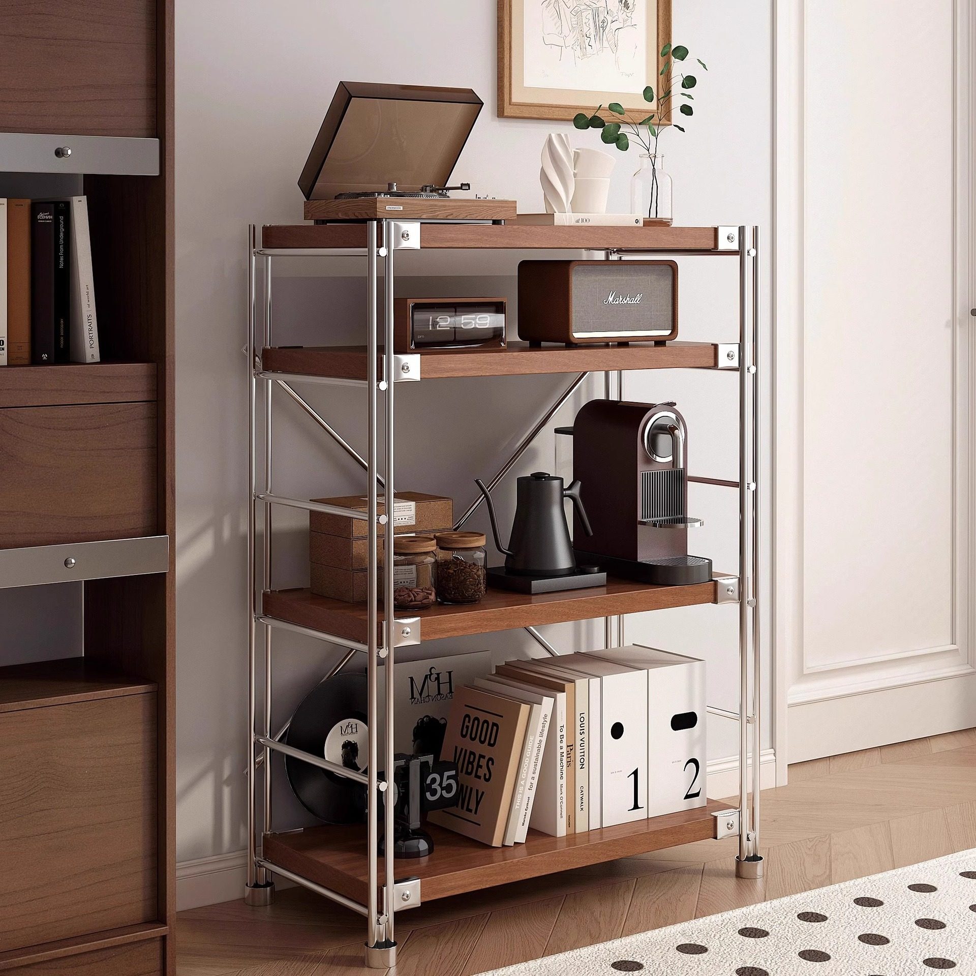 日式钢木置物架落地多层客厅阳台书架家用厨房收纳储物微波炉架子,淘宝优惠券,粉丝福利购,淘宝优惠卷