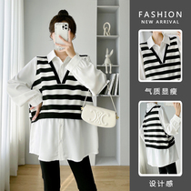 Pregnant womens blouses 2024 spring models new Korean version loose fashion stripes fake two splicing shirts pregnant womens dress