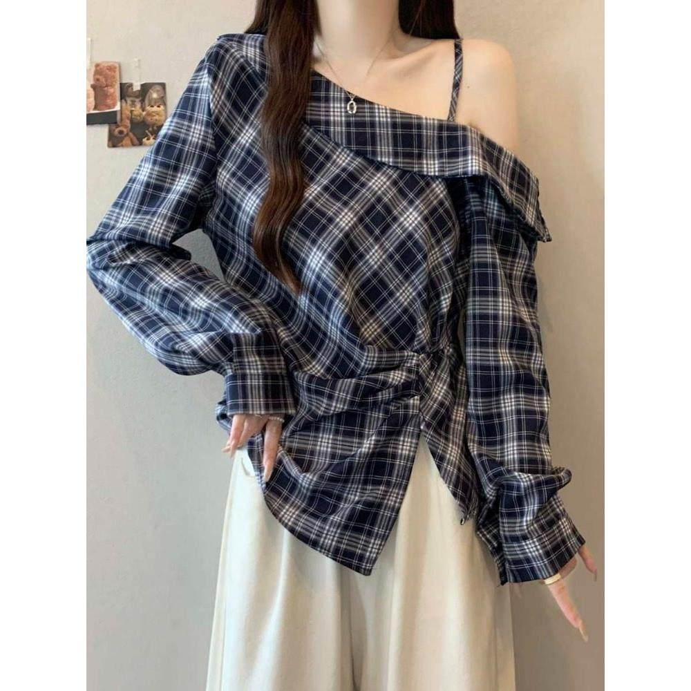 大码设计感红色格子露肩长袖衬衫女早秋薄款穿搭胖mm显瘦收腰上衣,淘宝优惠券,粉丝福利购,淘宝优惠卷