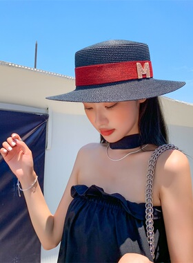 英伦平顶沙滩防晒宽檐m标草帽